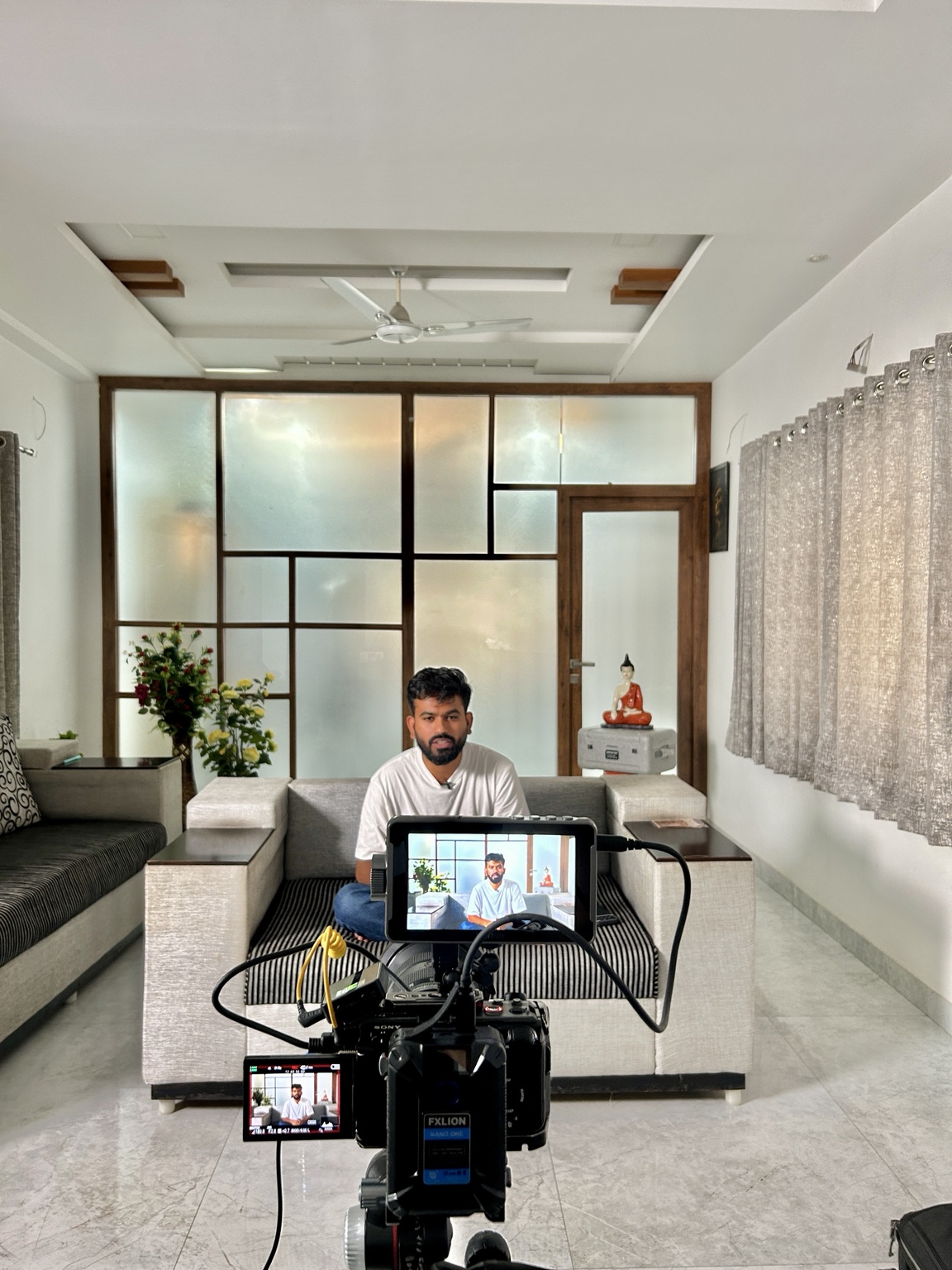Interview setup with camera and contributor