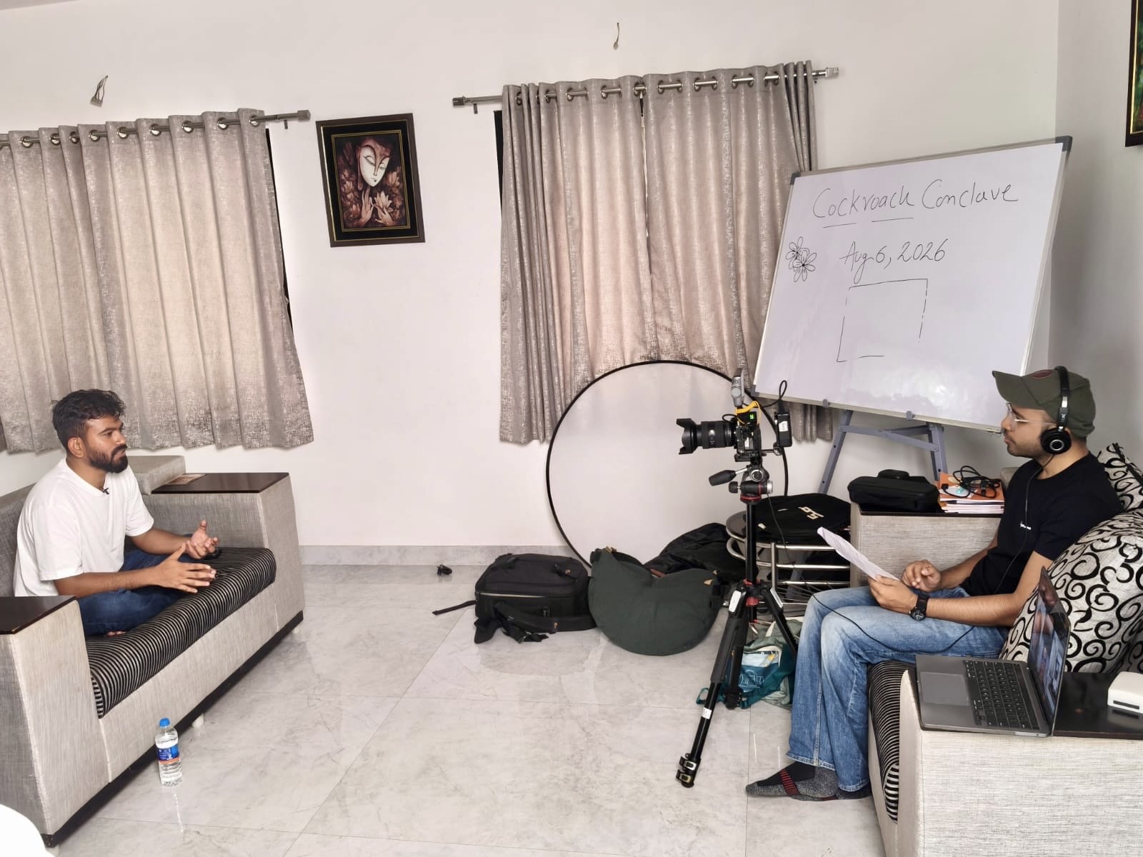 Cockroach Janta Party interview setup with camera and lighting